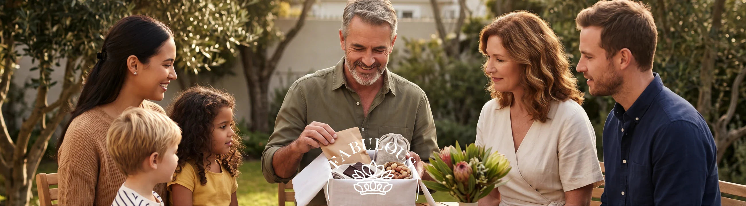 South African family around dad opening a Fabulous Flowers Father's Day gift hamper with biltong, nuts, and proteas