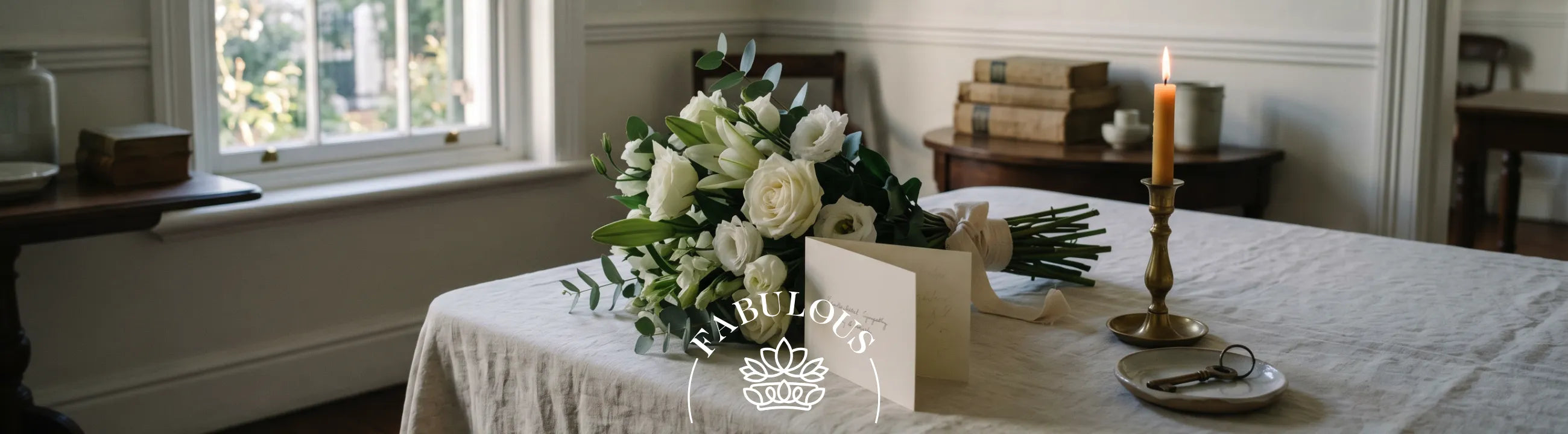 White rose and lily sympathy bouquet beside a handwritten condolence card and lit candle on a linen table, Condolence Messages, Fabulous Flowers Cape Town