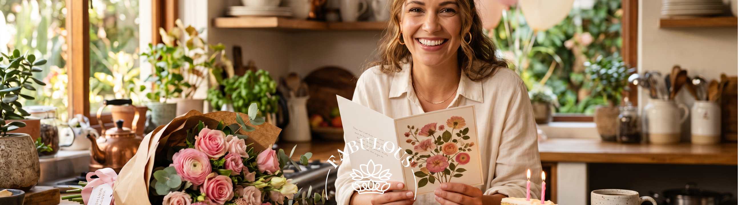 Smiling woman in her thirties holding an open botanical-illustrated birthday card next to a luxury pink rose and ranunculus bouquet from Fabulous Flowers in a sunlit kitchen with balloons and birthday cake