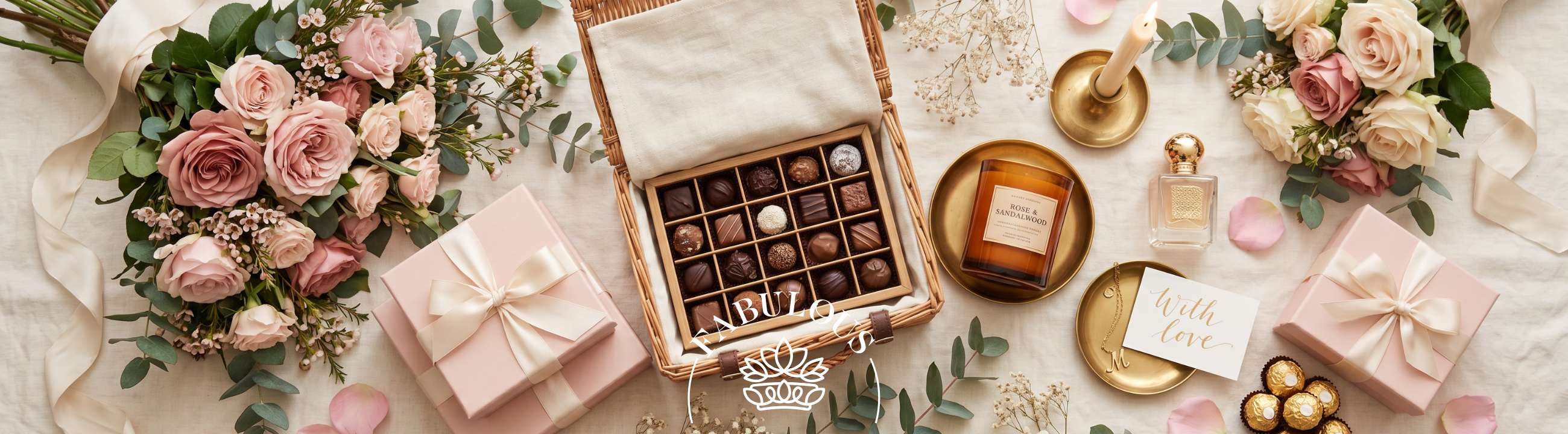 Top shot flat lay of flowers, perfume, chocolates and wrapped gift boxes in pastel hues