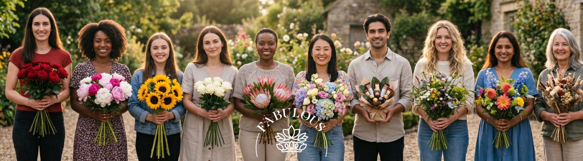 Ten customers holding hand-tied bouquets of roses, peonies, sunflowers and proteas by Fabulous Flowers Cape Town florist