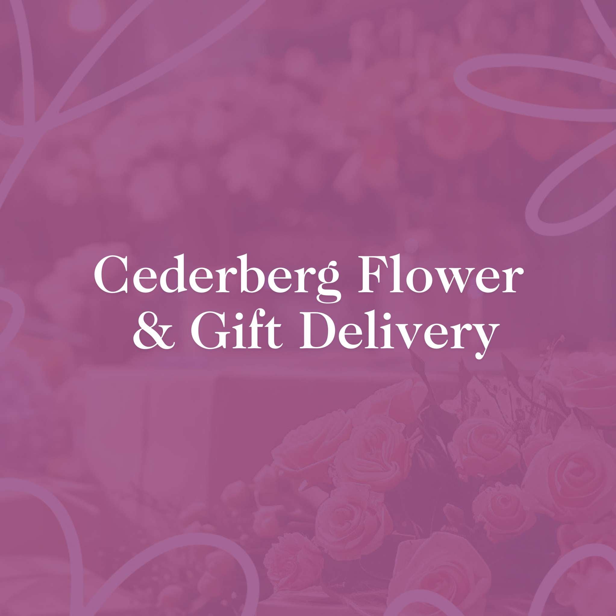 Close-up of pink flowers with a soft purple overlay. Text reads 'Cederberg Flower & Gift Delivery' with floral outlines in the background.