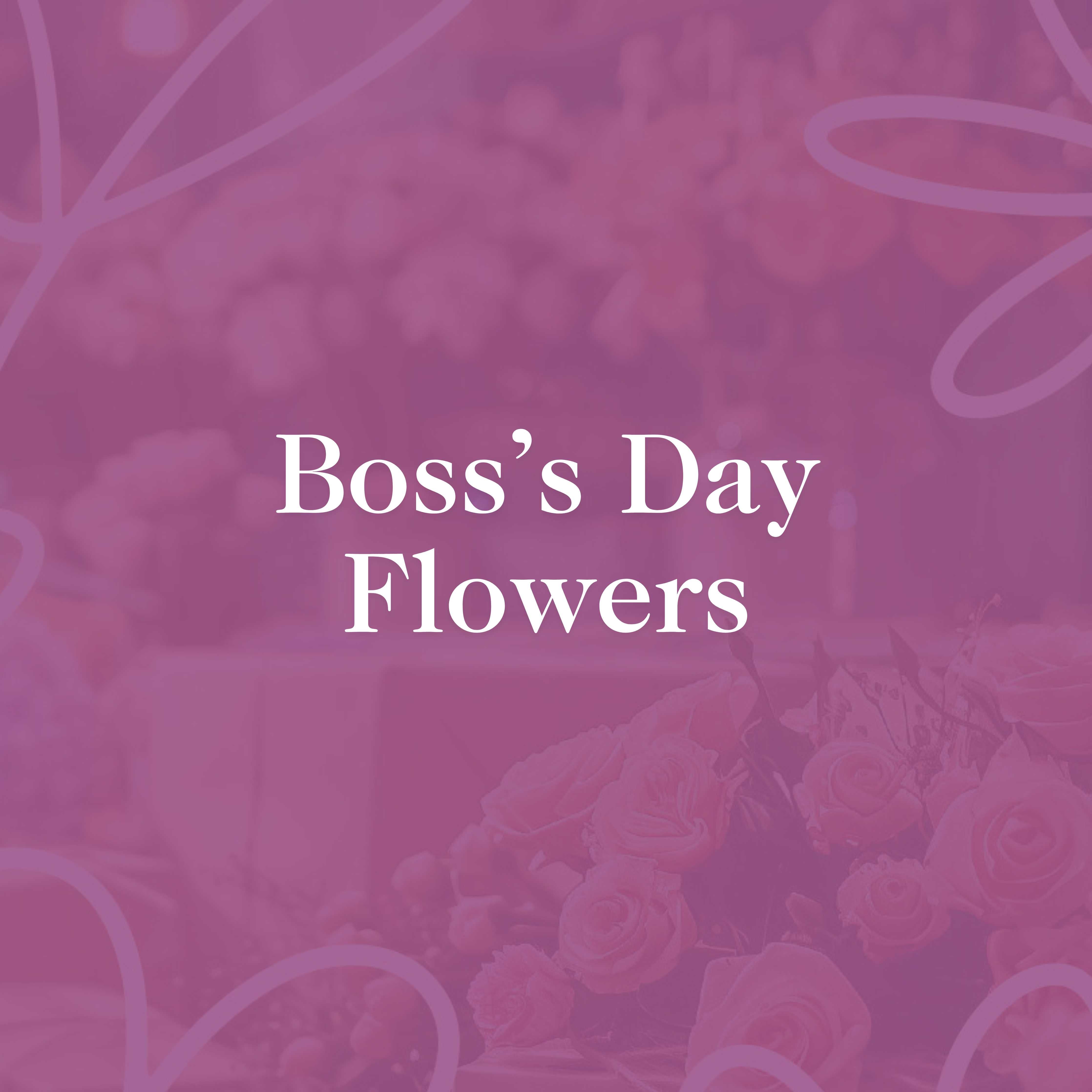 Promotional image titled 'Boss's Day Flowers' with a soft purple background and a beautiful arrangement of pink roses prominently displayed