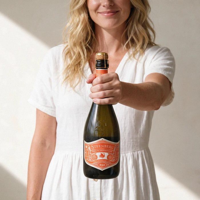 Steenberg Sparkling Sauvignon Blanc 750ml held out at arm's length by a smiling woman in a white linen dress, Fabulous Flowers South Africa