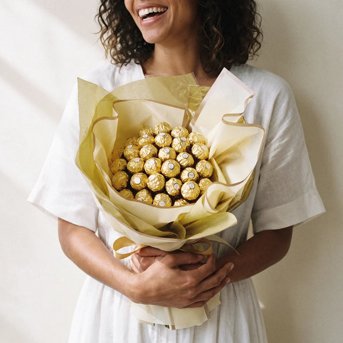 Laughing woman in a white linen dress hugging a Ferrero Rocher chocolate bouquet on her birthday, Fabulous Flowers South Africa