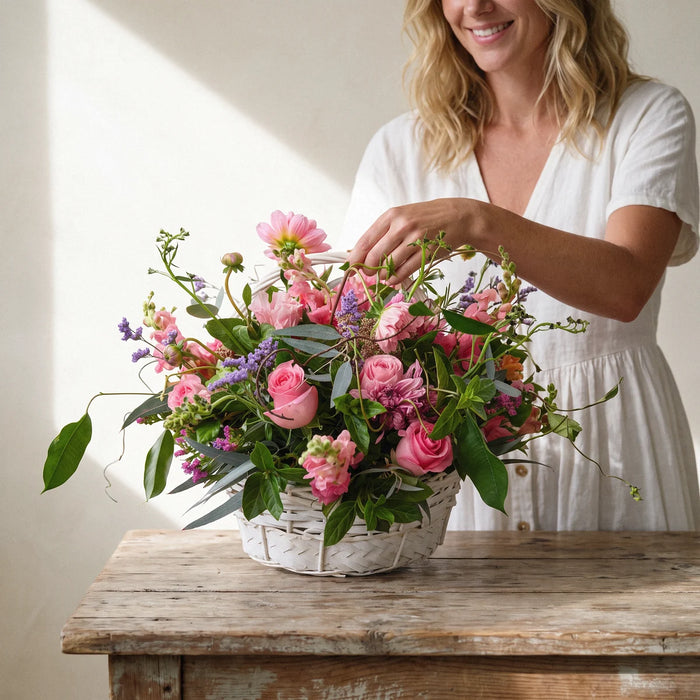 Smiling woman in a white linen dress placing the Country Flowers basket of pink roses on a pine table, Fabulous Flowers South Africa