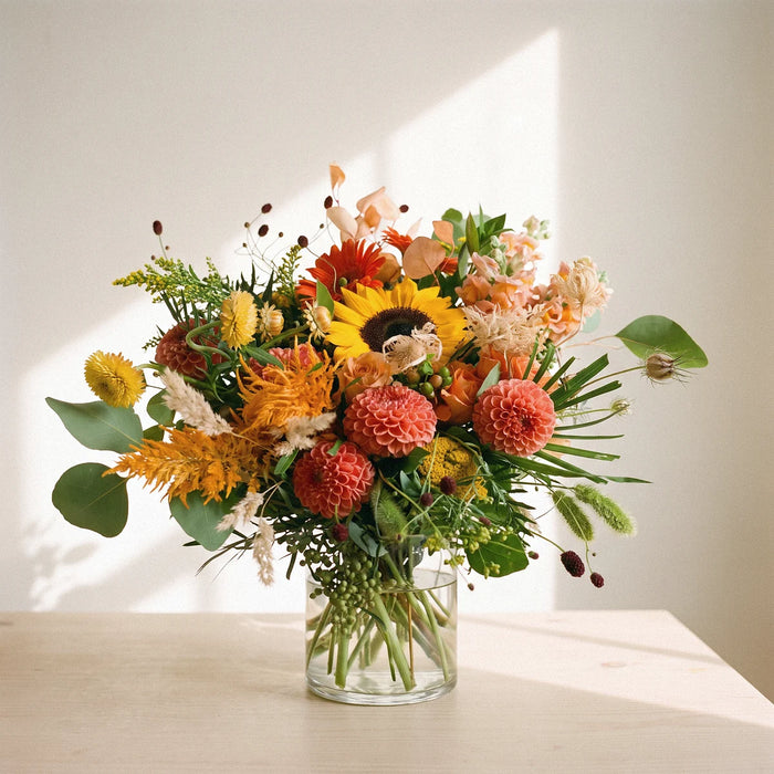 Glass vase of yellow, orange and peach flowers spreading wide on a pale pine table in morning sun, Fabulous Flowers South Africa
