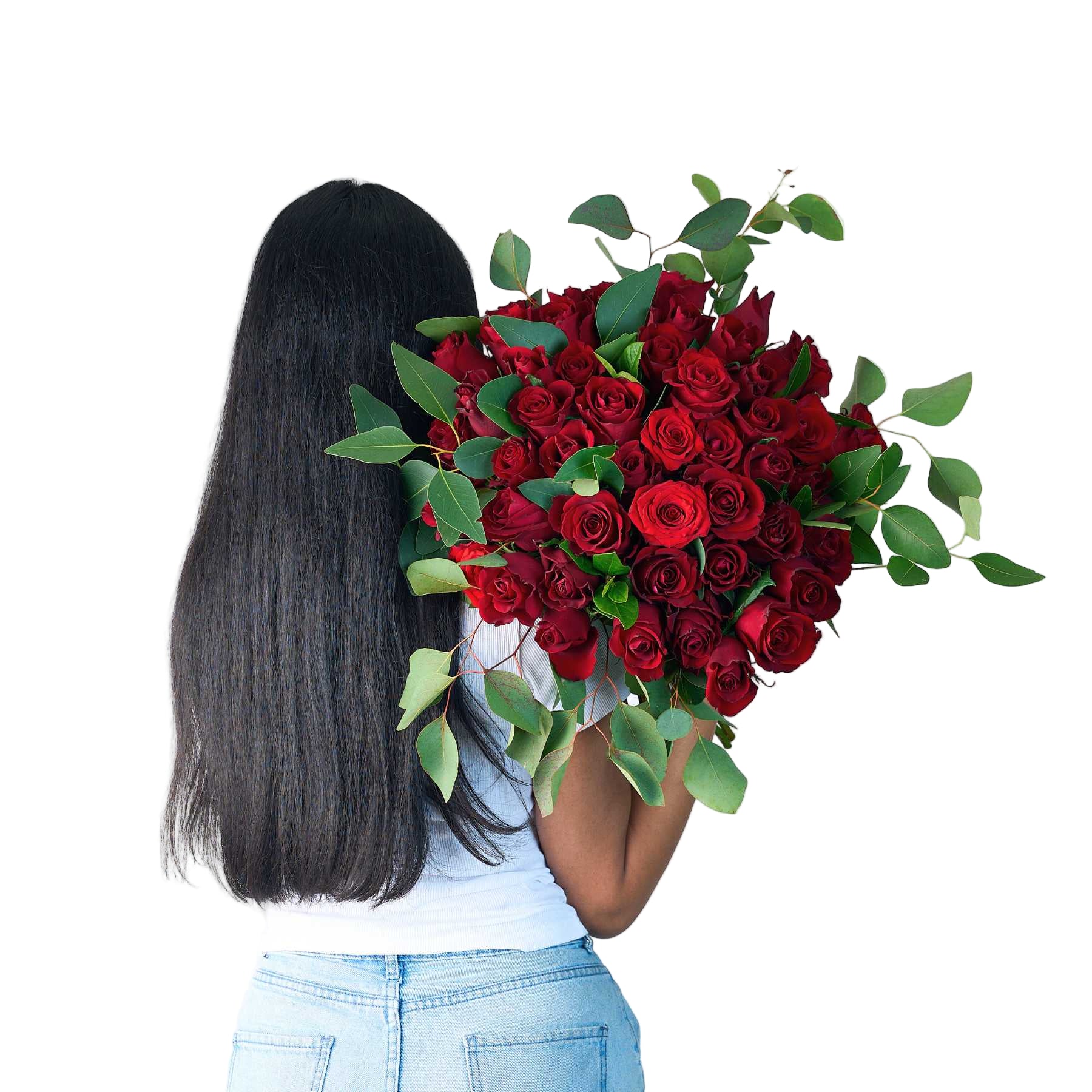 Back view of a woman holding a large bouquet of 50 red roses, symbolising a 50 Red Rose Bouquet delivered by Fabulous Flowers and Gifts