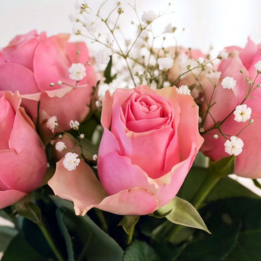 Close-up of pink roses and white baby’s breath in the A Rosy Glow arrangement