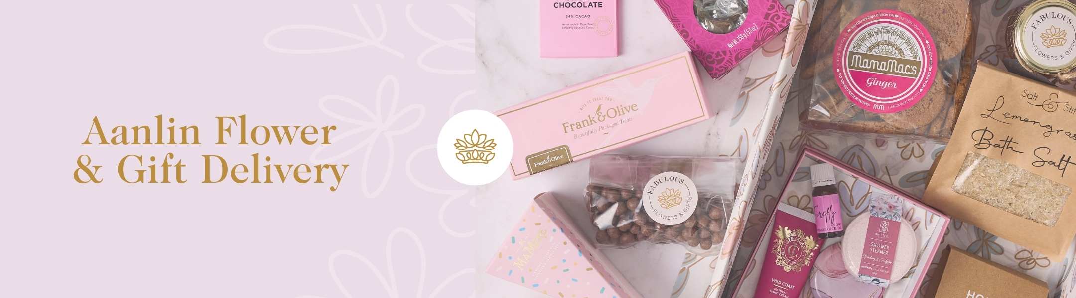 Aanlin Flower & Gift Delivery - Selection of beautifully packaged gifts, including chocolates, bath salts, and more, on a pastel floral-themed background.