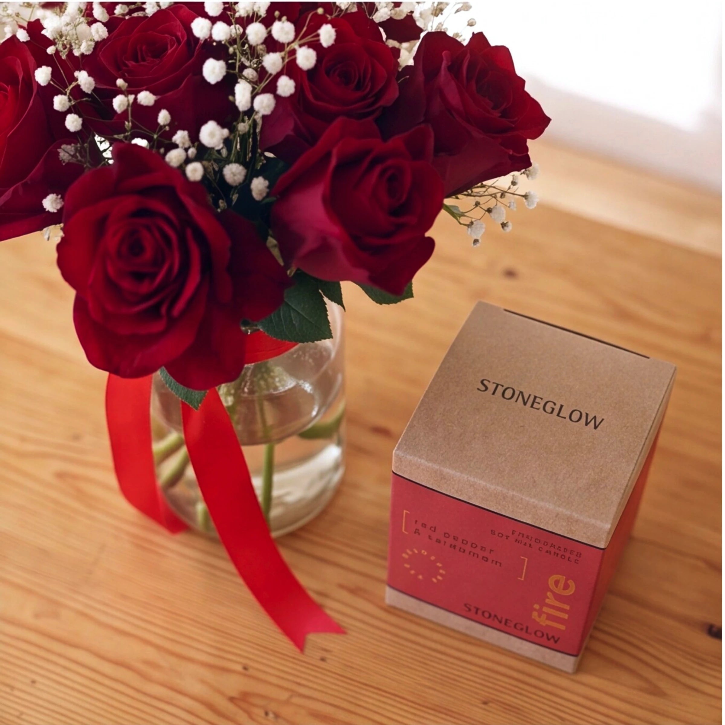 Deep red roses with white baby's breath beside a Stoneglow Red Pepper and Cardamom candle