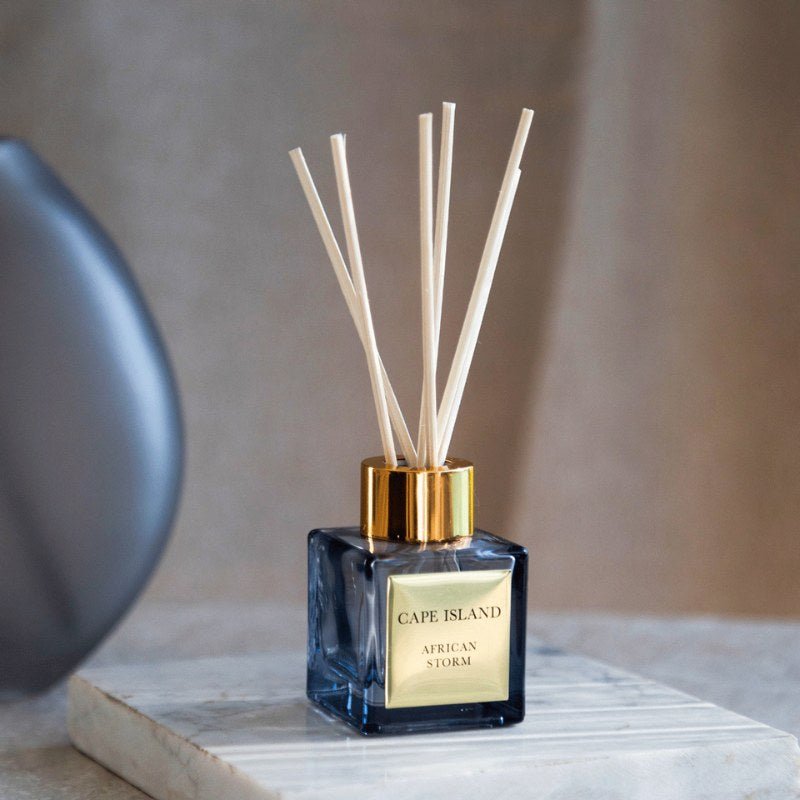 Cape Island diffuser with reeds on a marble surface