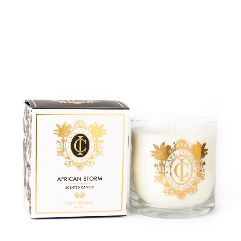 Cape Island African Storm scented candle with packaging on a white background