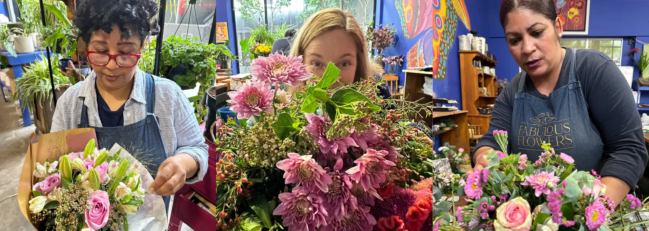 Dedicated florists at Fabulous Flowers and Gifts crafting floral arrangements, showcasing their commitment to family, passion, and delivering luxury across South Africa. Our Story.