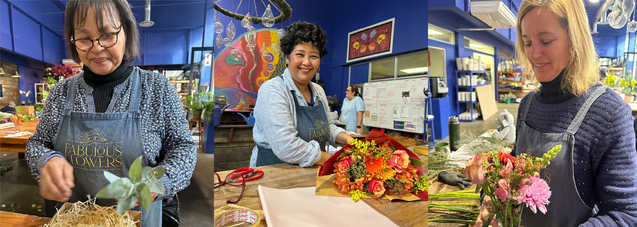 Team members of Fabulous Flowers and Gifts crafting floral arrangements in a vibrant workshop, highlighting their diverse selection from roses to orchids. Our Story.