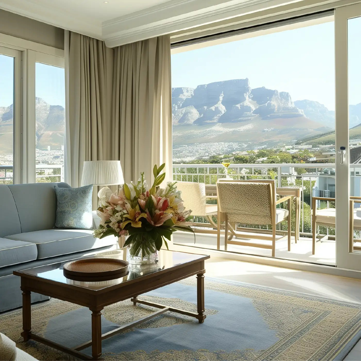 Luxurious living room with a bouquet on the coffee table, large windows showcasing a mountain view. Fabulous Flowers and Gifts. Airbnb, Guest House and Hotel.
