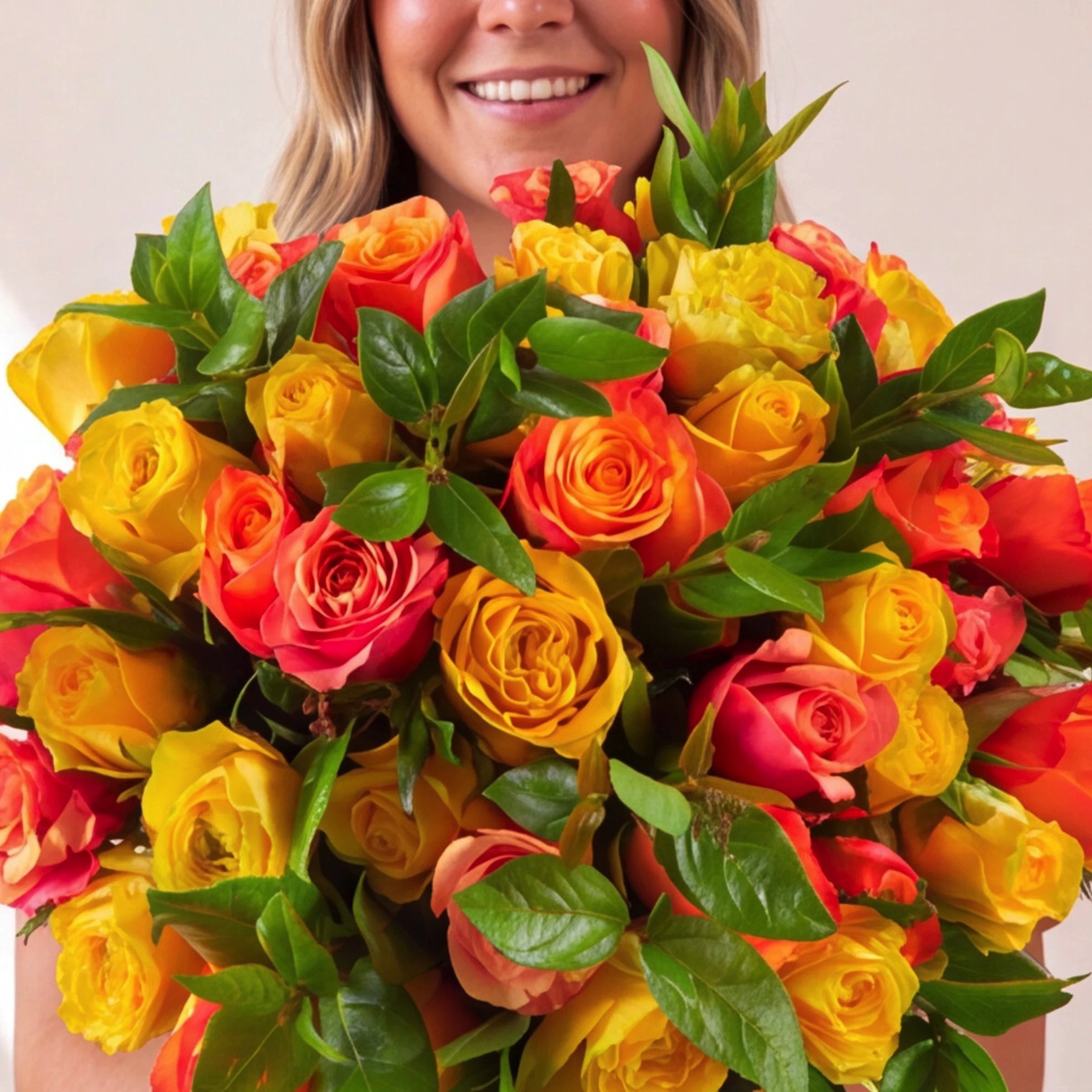 A close-up of a woman holding a large, vibrant bouquet of hybrid roses in yellow, orange, and red with green leaves. The woman is cropped at the mouth, showing a smile, against a plain light beige background.