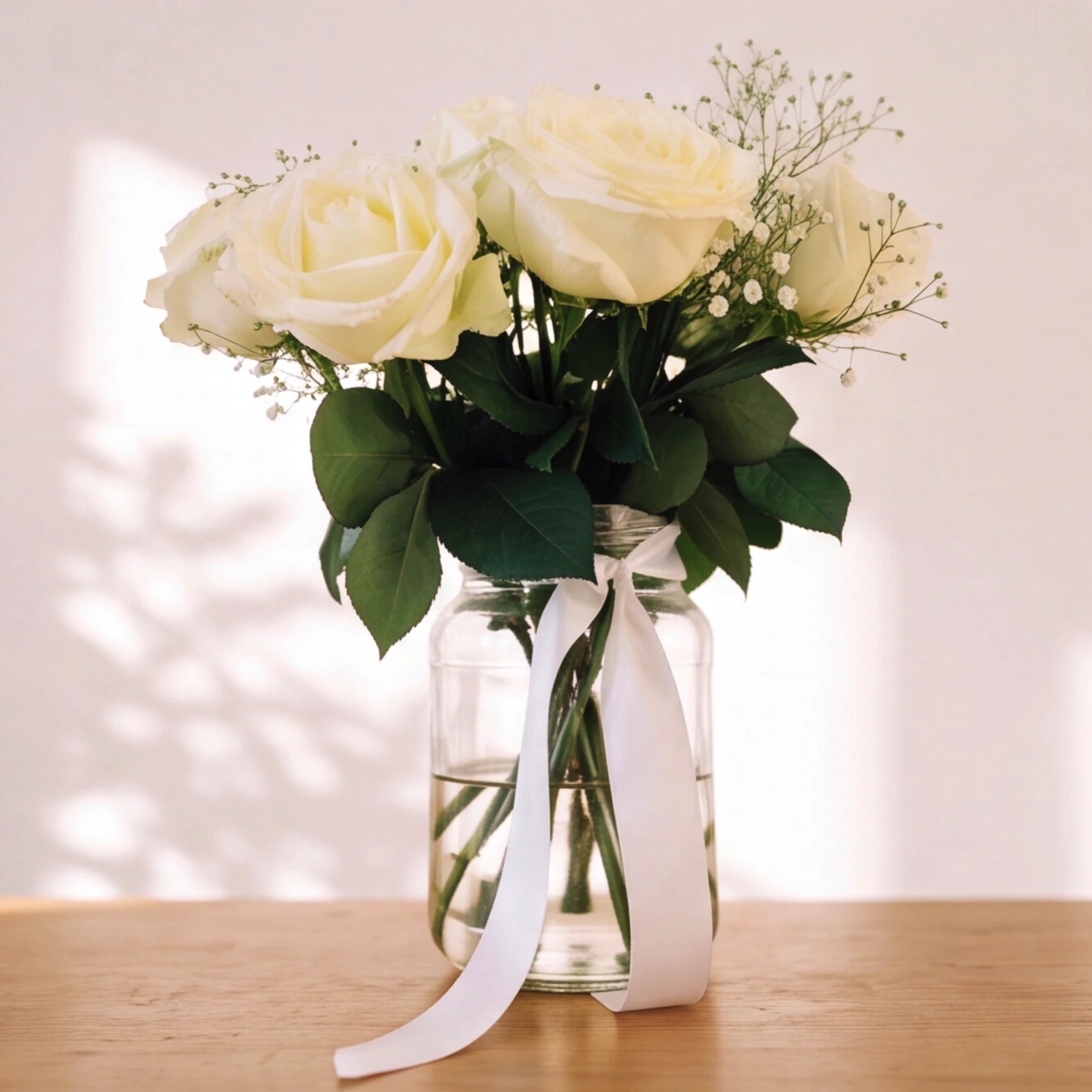 Angel White glass jar of white roses and baby's breath tied with a white satin ribbon, Cape Town delivery