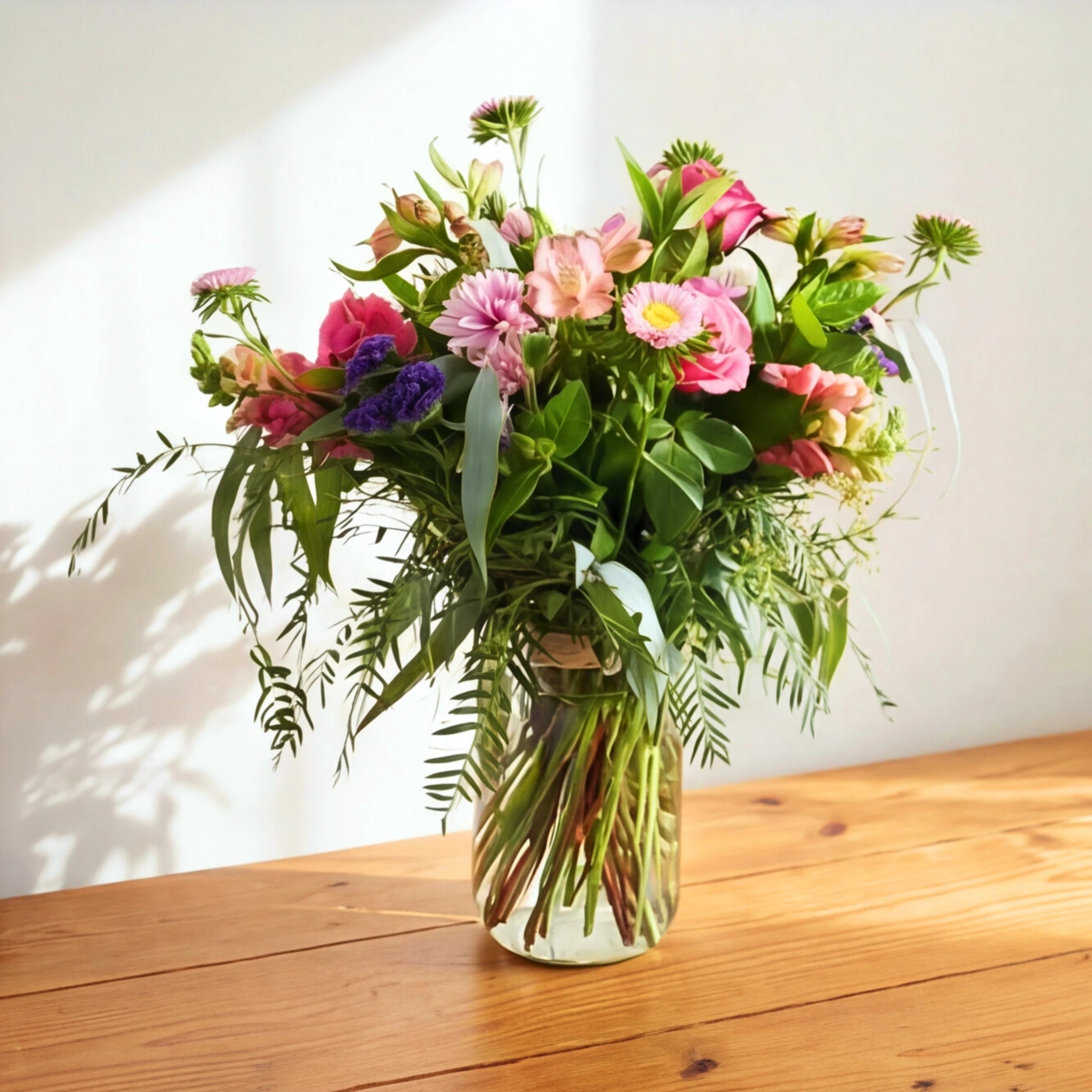 Beauty in a Bottle arrangement of pink roses and asters with trailing greenery, in the sun