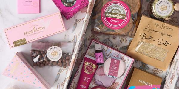 Birthday Gift Box by Fabulous Flowers & Gifts with bath salts, biscuits, chocolates, tea, and pamper products