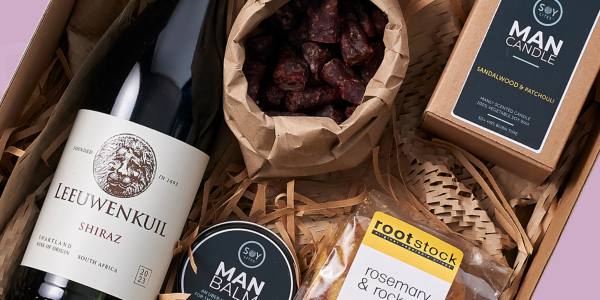 Birthday Gifts for Men by Fabulous Flowers & Gifts – wine, biltong, soy candle, man balm, and rosemary rock salt