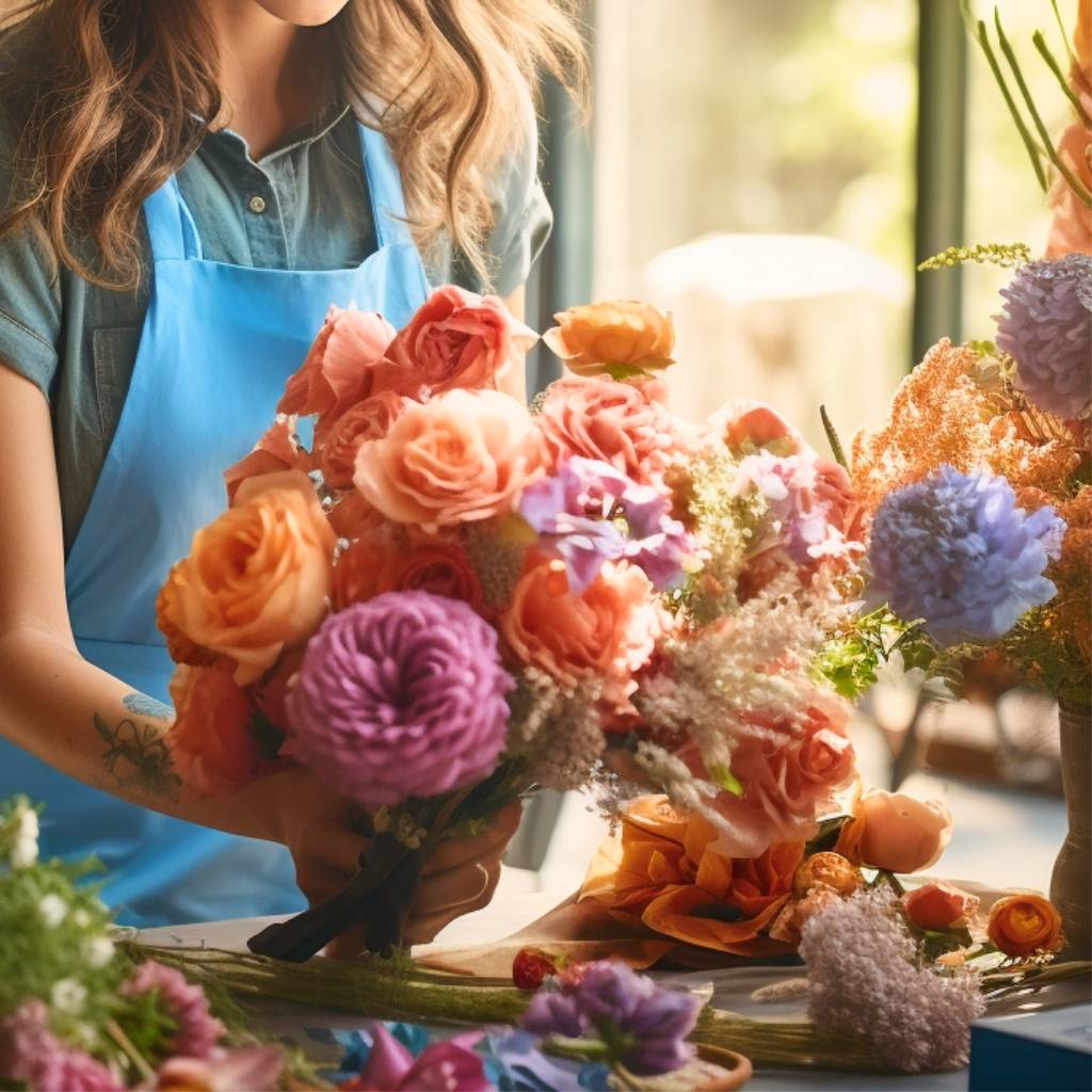 Florist with brown hair and a flower tattoo on her arm arranges colourful flowers - Fabulous Flowers
