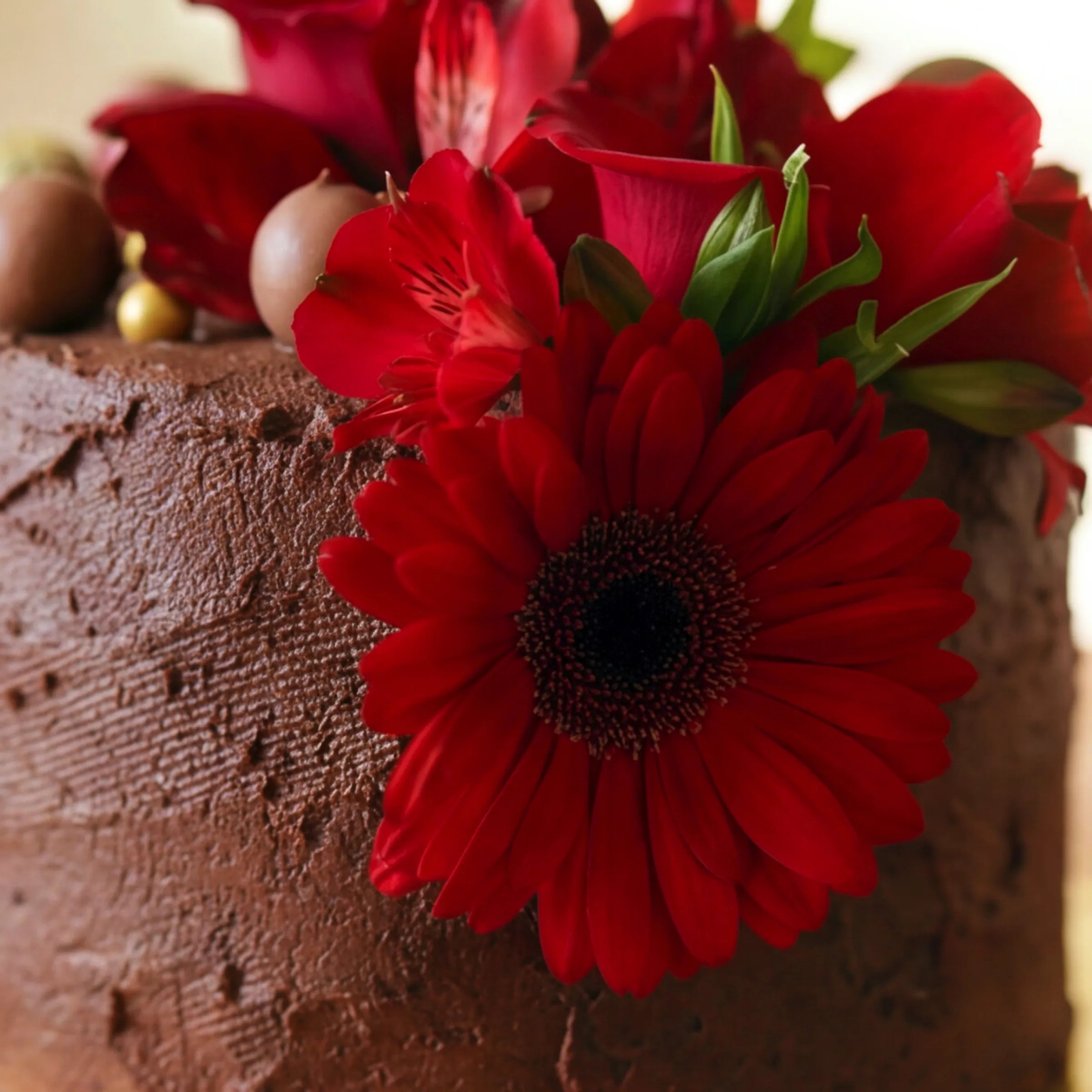 Macro shot of the fresh red gerbera daisy, red rose and red alstroemeria florals crowning the Fabulous Flowers chocolate ganache celebration cake