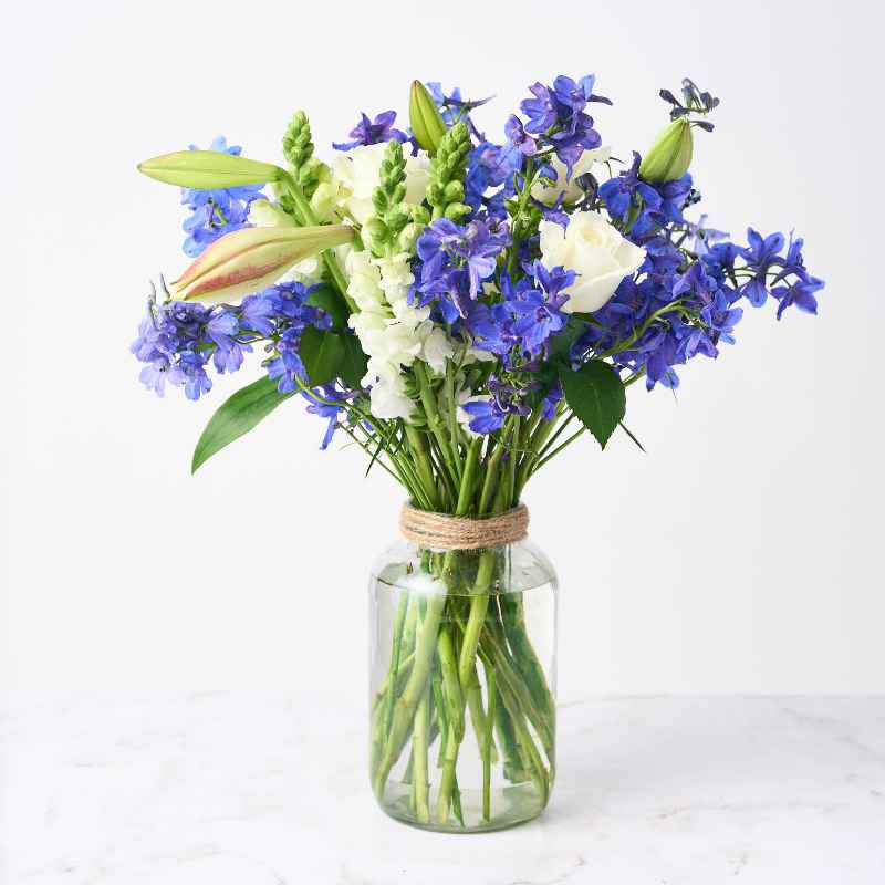 Blue Sapphire flower arrangement in a clear glass jar featuring white roses, blue delphiniums, and green accents.