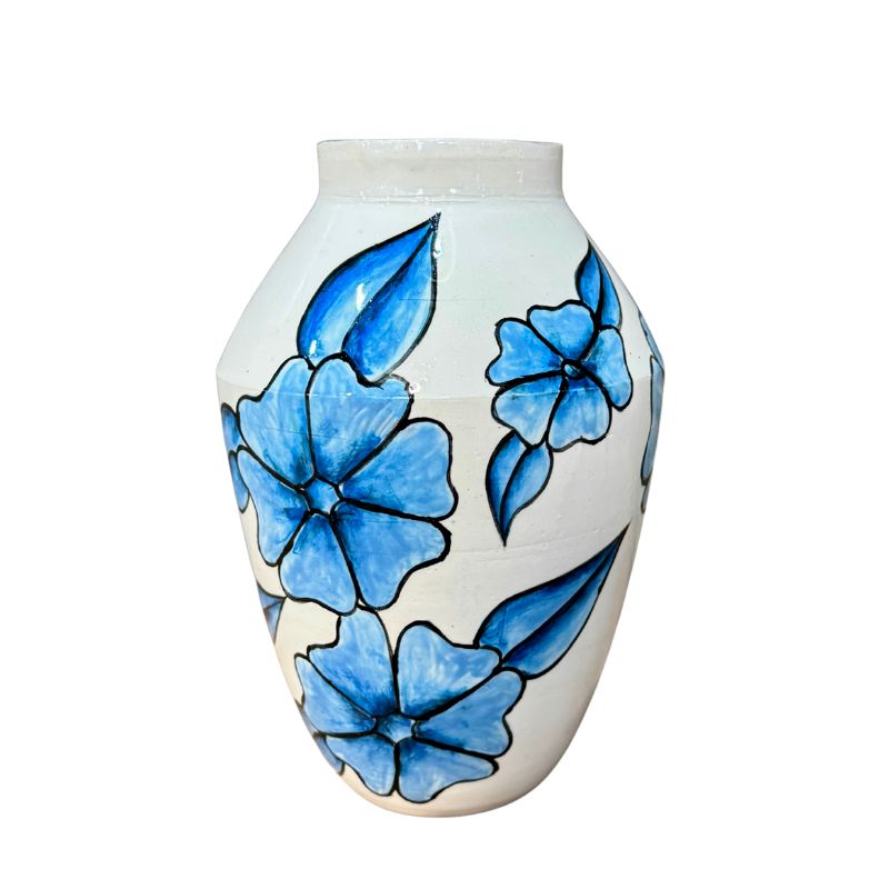 White vase with blue floral patterns on a white background