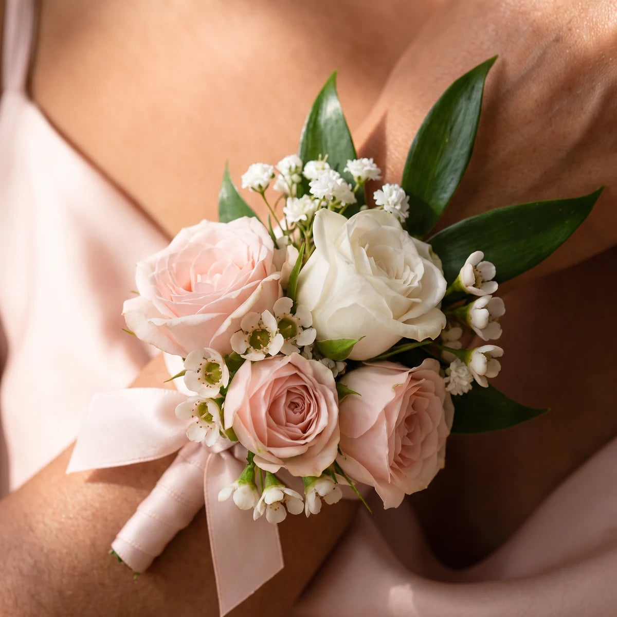Close-up of blush spray roses, white rose and waxflower on a wrist corsage, Fabulous Flowers South Africa