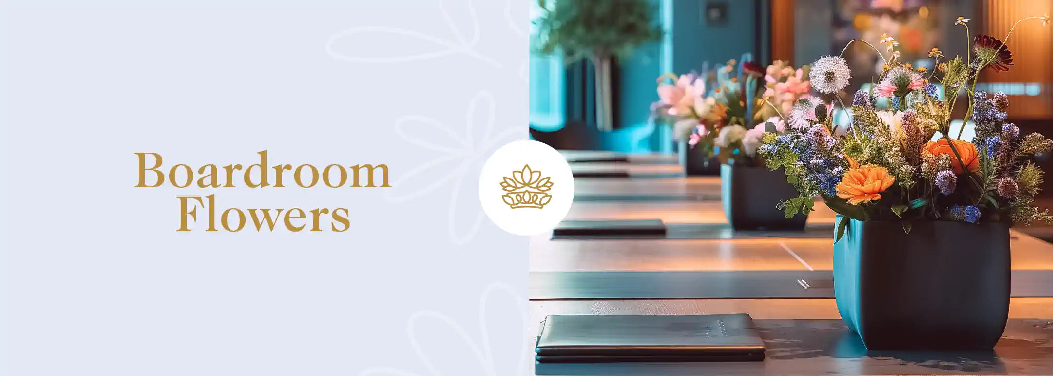 Chic and vibrant Boardroom Flowers arrangement on a corporate table, enhancing the professional ambiance with a touch of natural beauty, offered by Fabulous Flowers and Gifts.