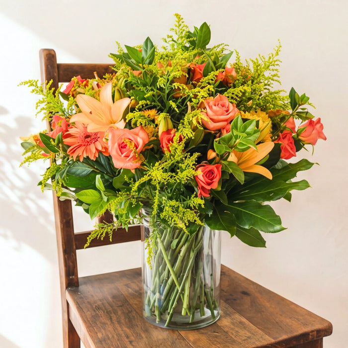 Bright Orange Glass Vase arrangement of orange roses, peach lilies and gerberas with solidago in a glass vase
