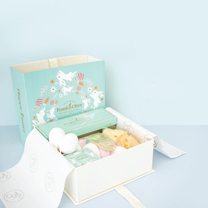 Bunny Surprise Easter Luxury Box - Fabulous Flowers & Gifts open gift box with chocolate eggs, honeycomb and marshmallow puffs.