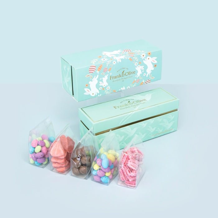 Bunny Surprise Easter Treat Box - Fabulous Flowers & Gifts pastel box with speckled eggs, strawberry hearts, bonbons and choc balls.
