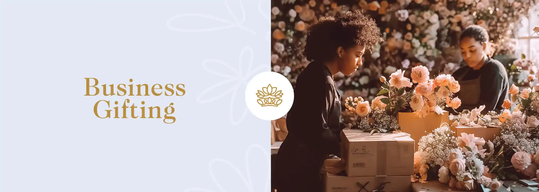 Focused florist arranging an exquisite selection of peach roses for business gifting, in a floral workshop setting, a service by Fabulous Flowers and Gifts.