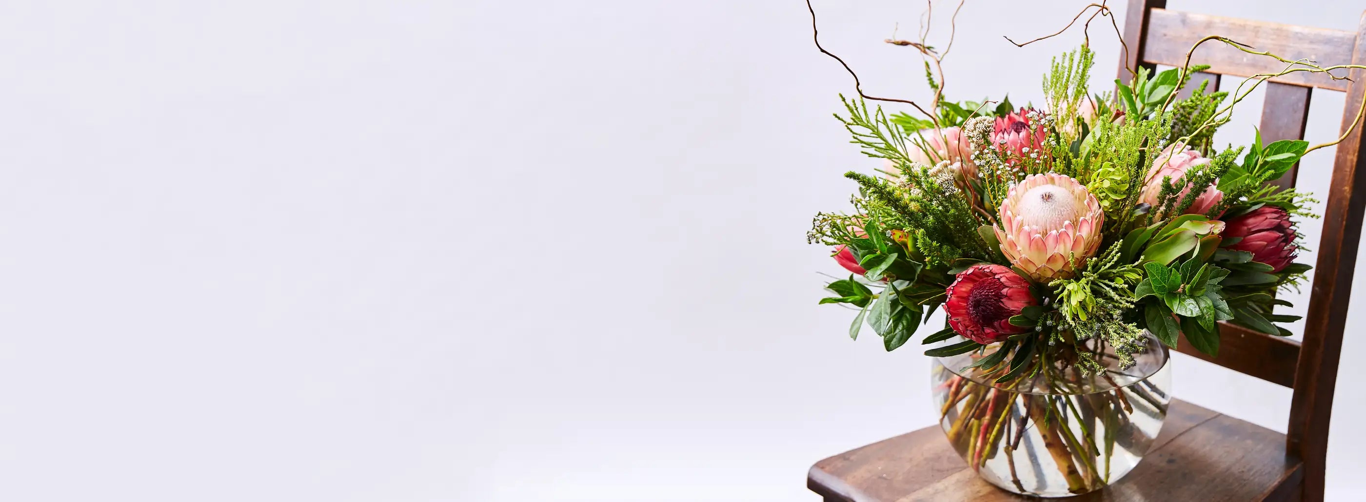Large bouquet of Protea flowers in a glass vase placed on a wooden chair, highlighting why to choose Fabulous Flowers for corporate gifting. Business Gifting. Fabulous Flowers and Gifts.