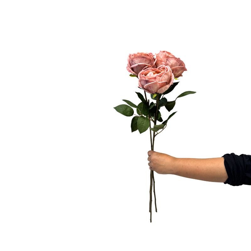 Hand holding a bouquet of pink roses against a white background
