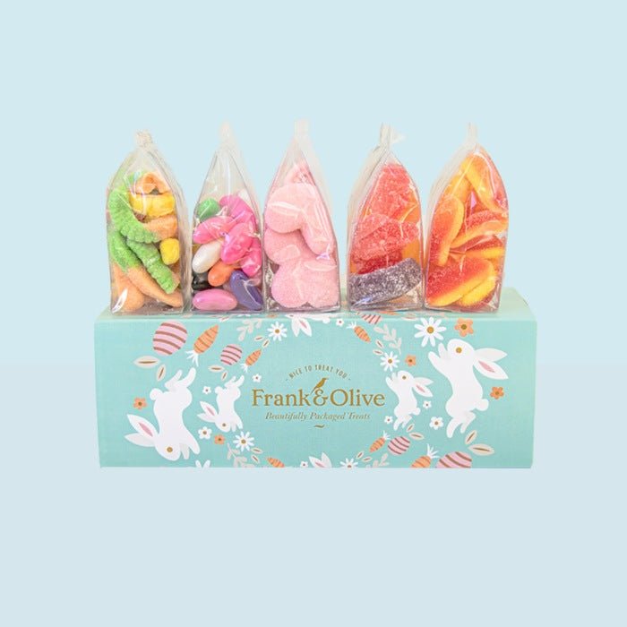 Candy Easter Treat Box - Fabulous Flowers & Gifts pastel bunny gift box with five colourful bags of Easter-themed jelly sweets.