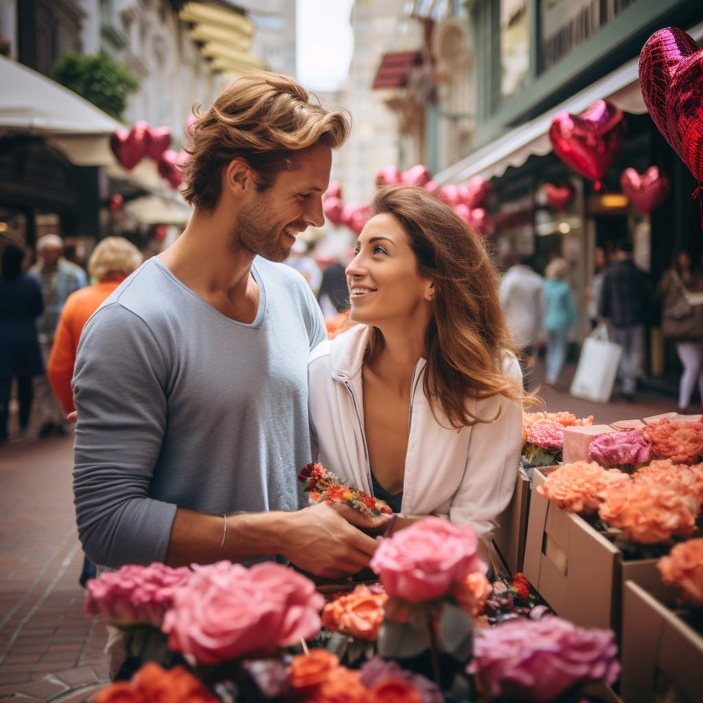 Couple exchanging smiles and roses at a Valentine's Day flower market with heart balloons in the background