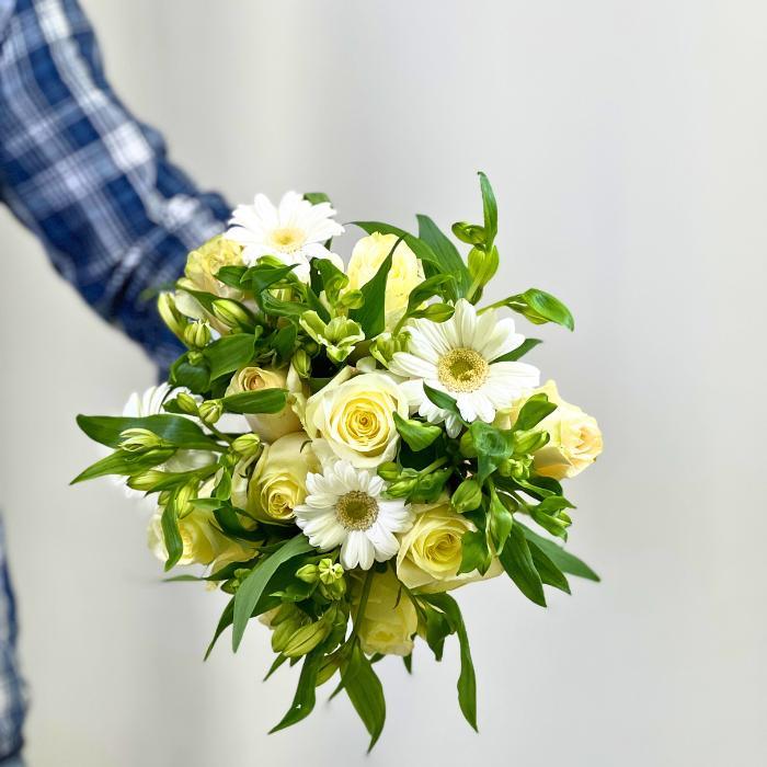 Celestial Charm Flower Bouquet – elegant mix of white and yellow flowers with greenery, perfect for uplifting moments