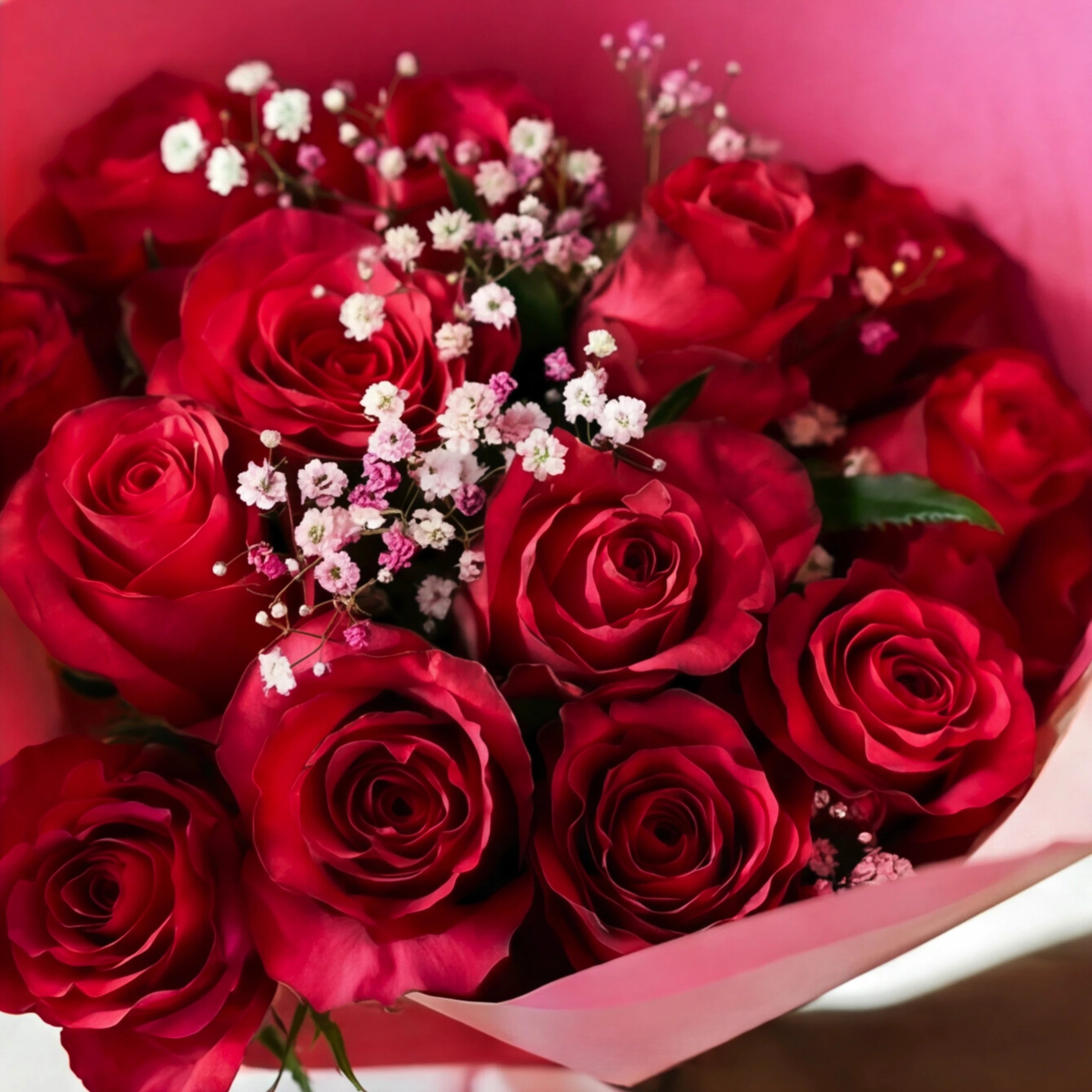 Close-up of red roses and pink-tinted gypsophila in the Cerise Crush bouquet
