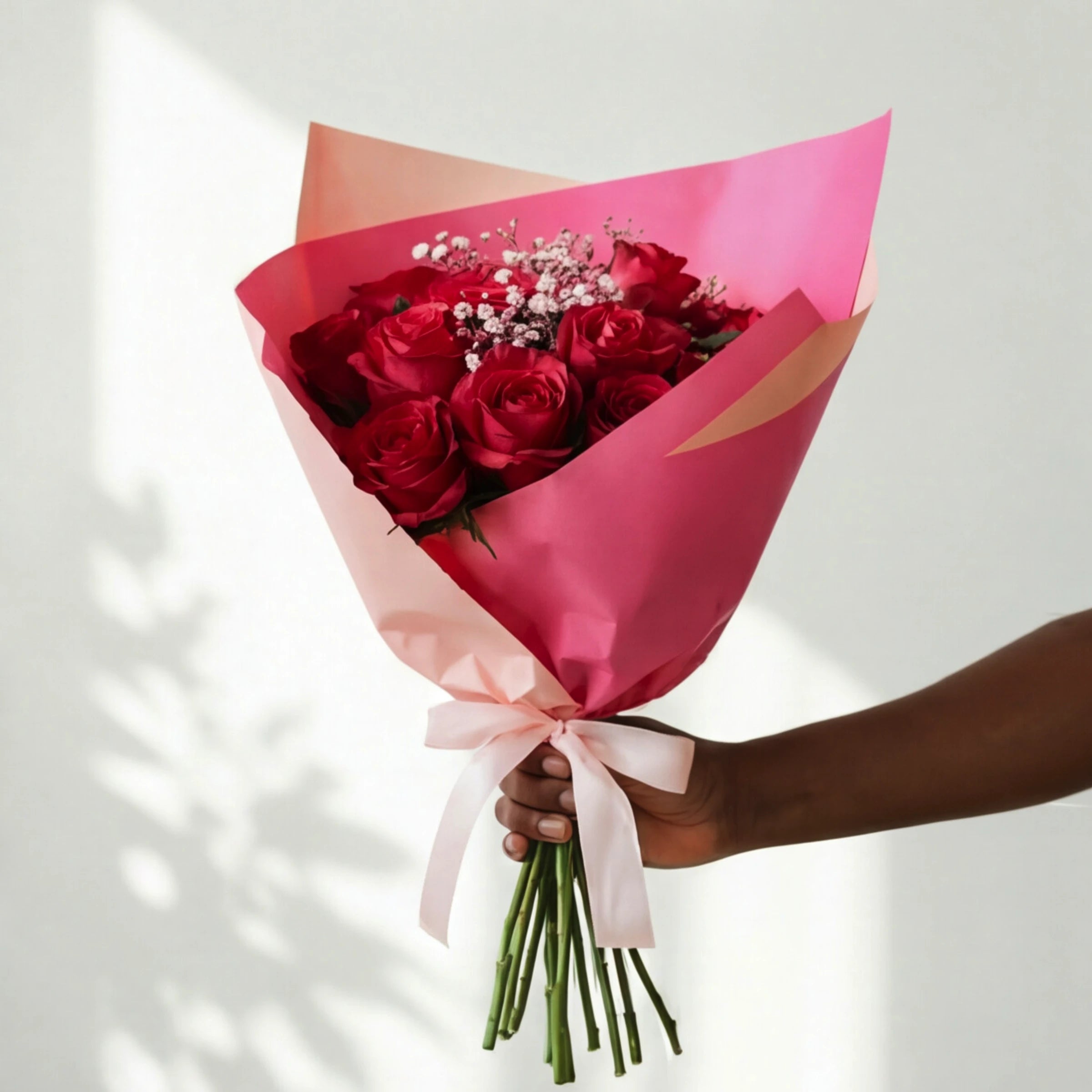 Cerise Crush red rose bouquet in cerise paper with a pink bow, held in the sunlight