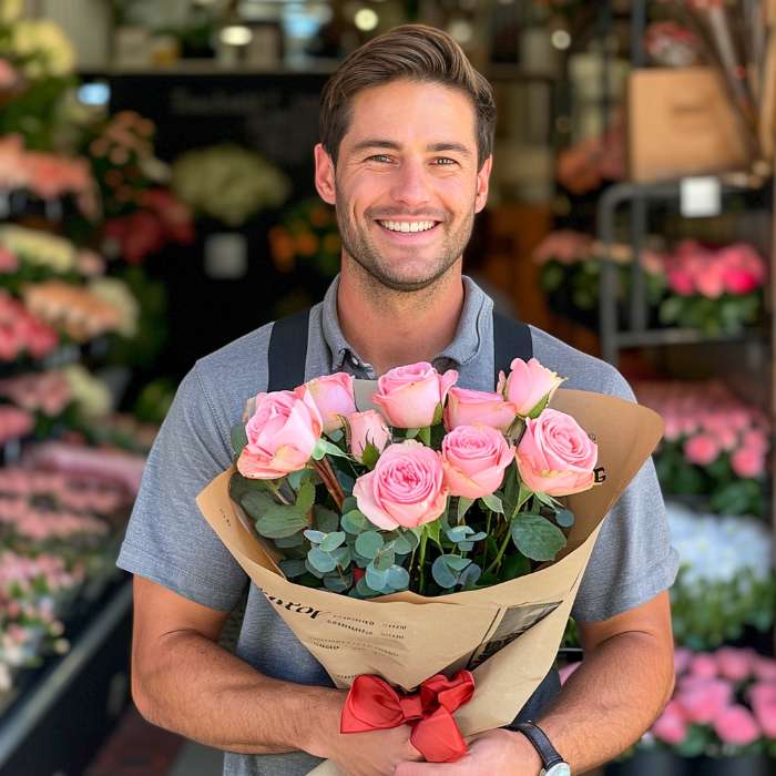 Charming Blooms Rose Bouquet by Fabulous Flowers & Gifts – pink roses wrapped in kraft paper, held by smiling man outside florist