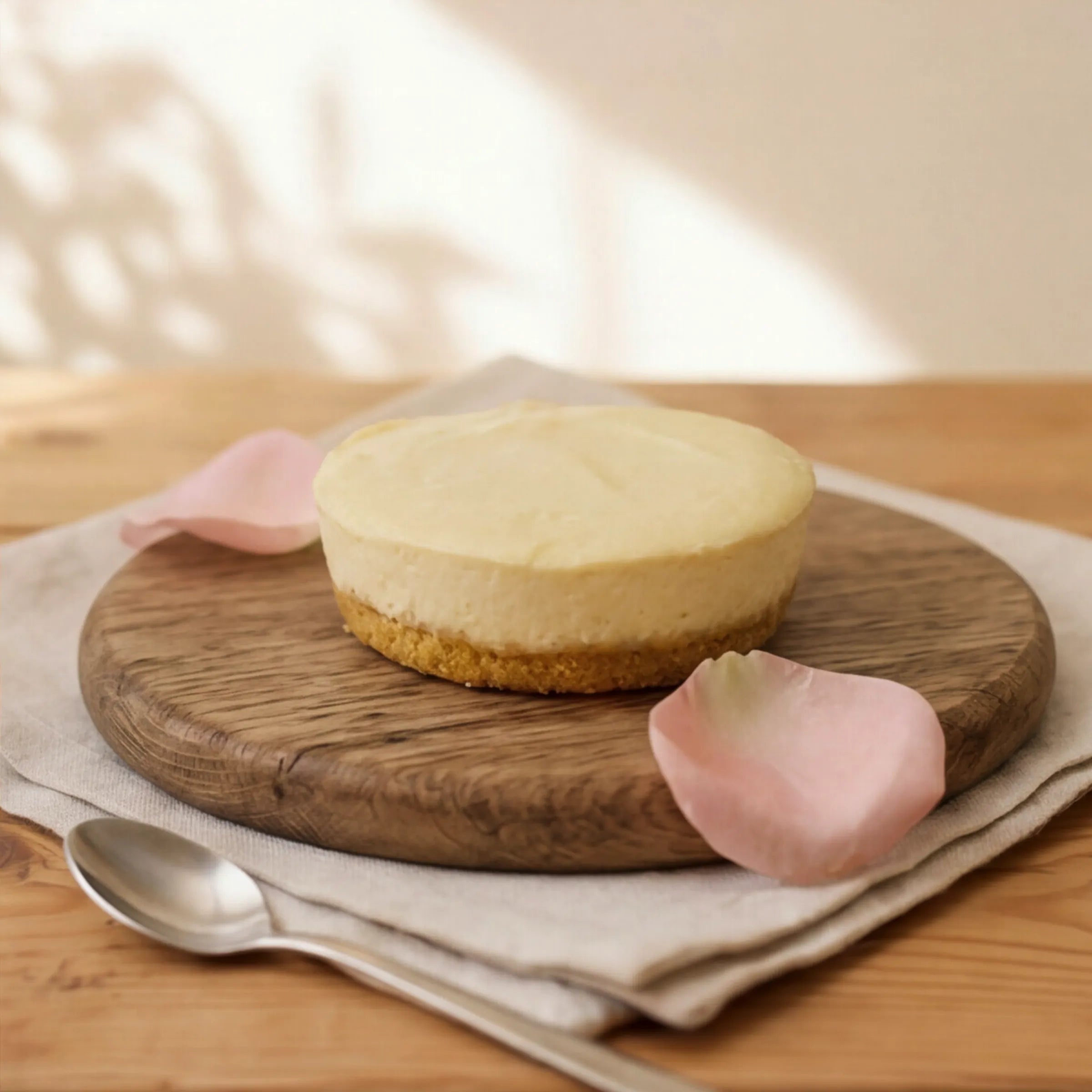 Lemon Cheesecake served with spoon, pink rose petals and linen napkin by Fabulous Flowers Claremont