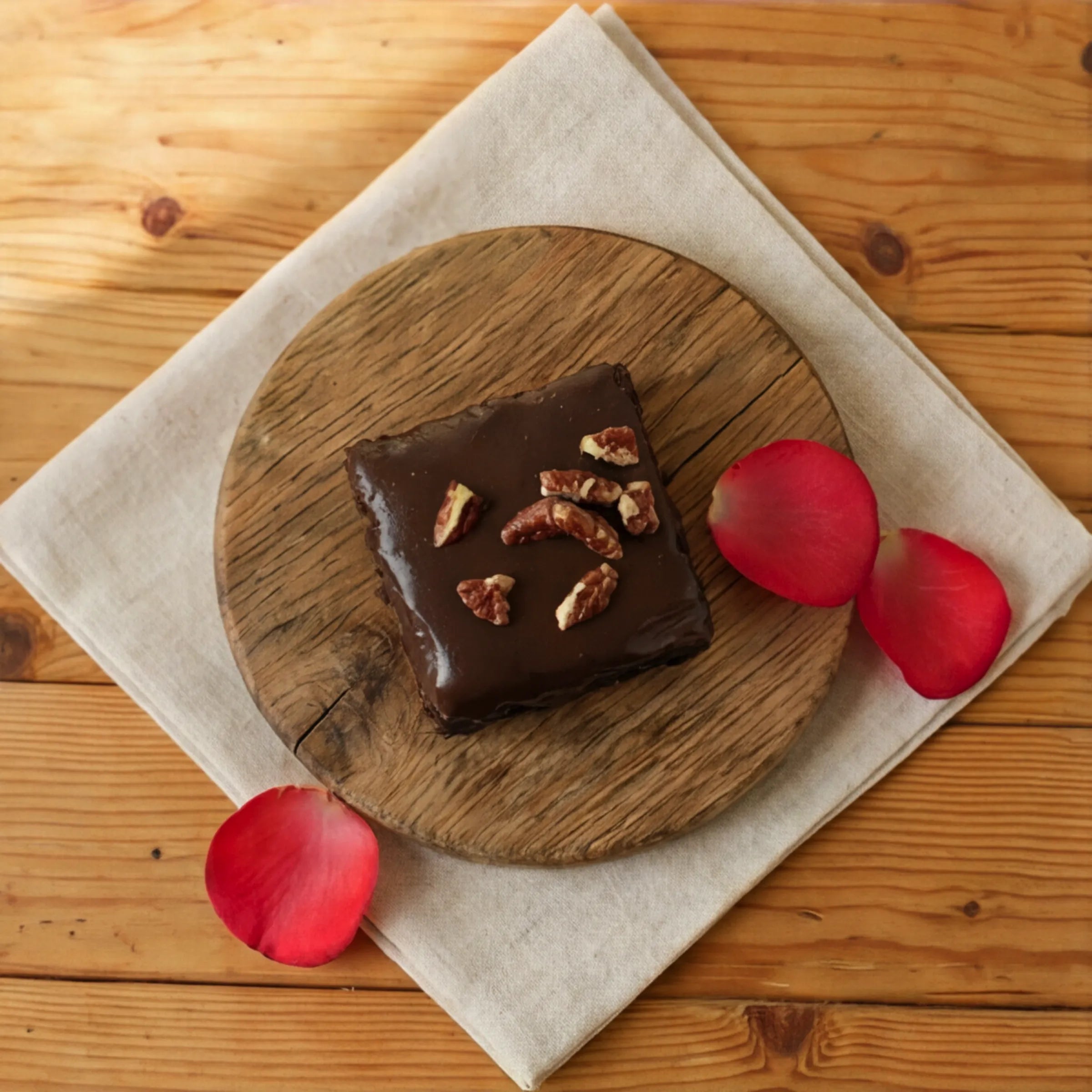 Top-down Chocolate Brownie with glossy chocolate glaze and roasted pecans, hand-made in Claremont