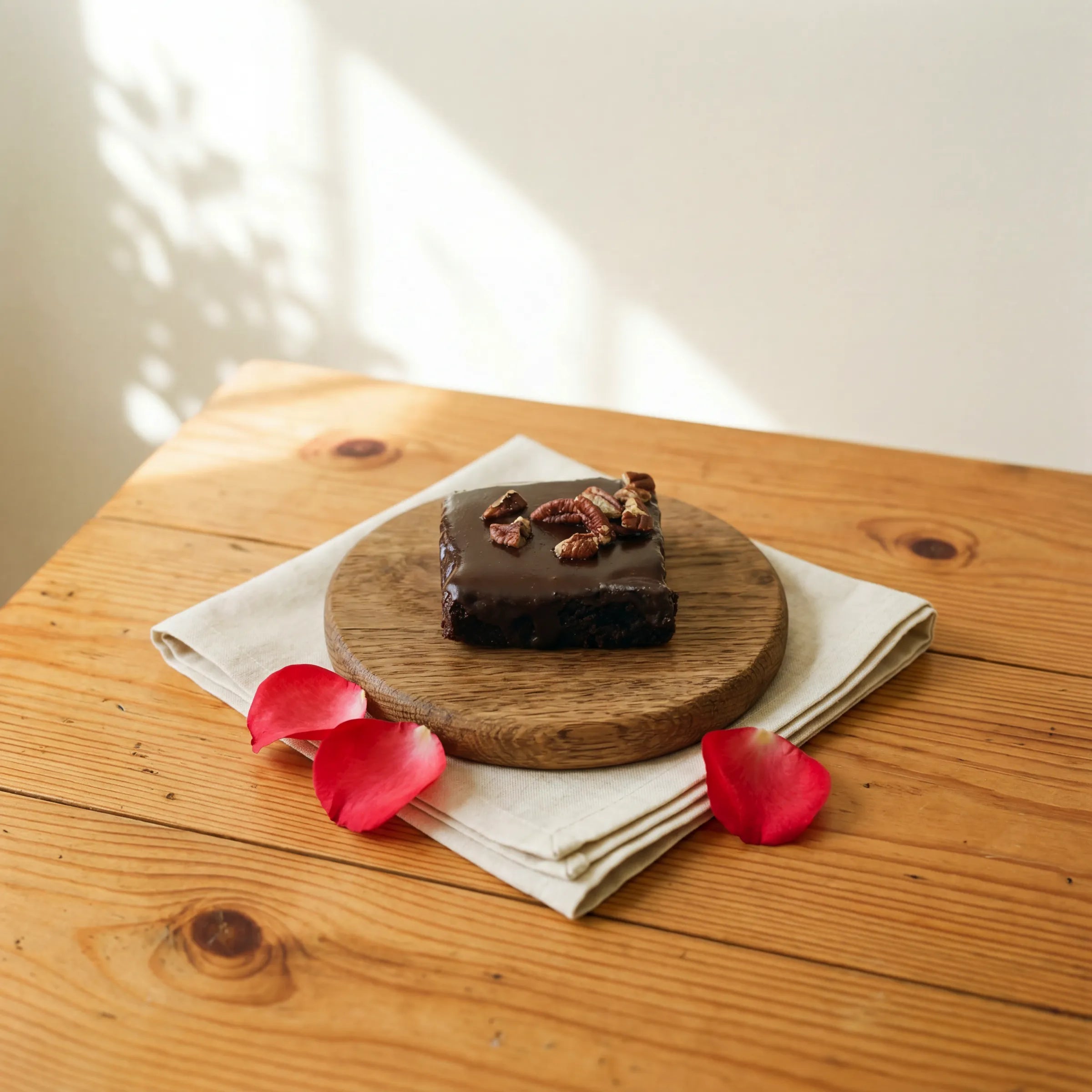 Chocolate Brownie on oak board with red rose petals and linen, by Fabulous Flowers Claremont studio