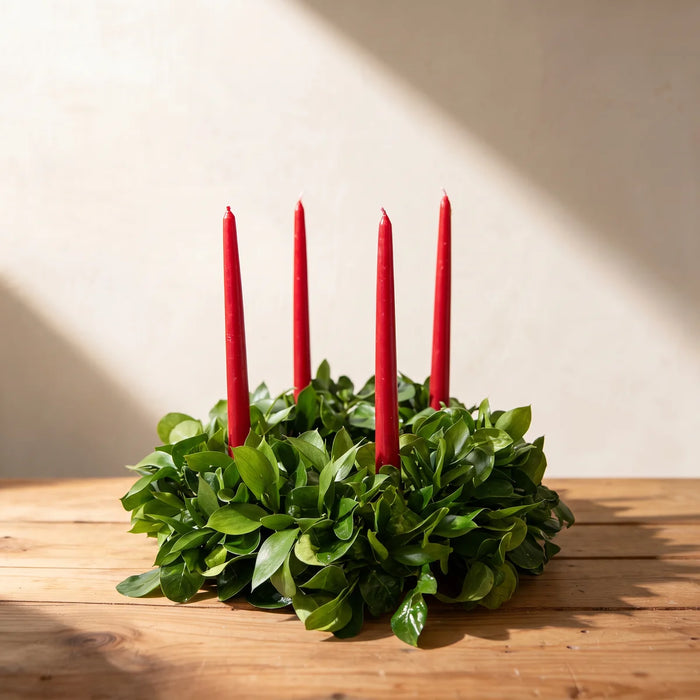 Round table wreath of fresh glossy green leaves with four red taper candles on a pine table, Fabulous Flowers South Africa