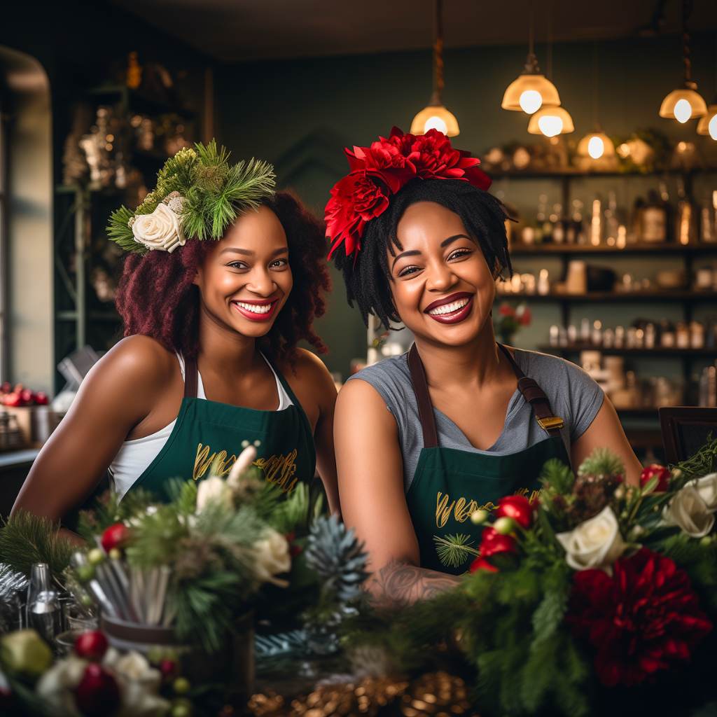 Florists wearing Christmas flower crowns working on a Christmas wreath - Fabulous Flowers