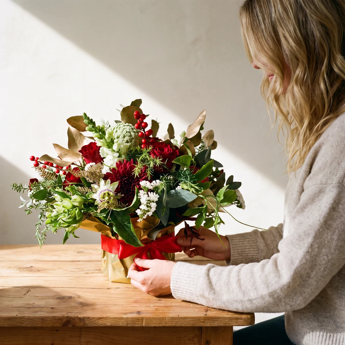 Woman in a knit jumper tying the red ribbon on a gold-wrapped Christmas flower arrangement, Fabulous Flowers South Africa