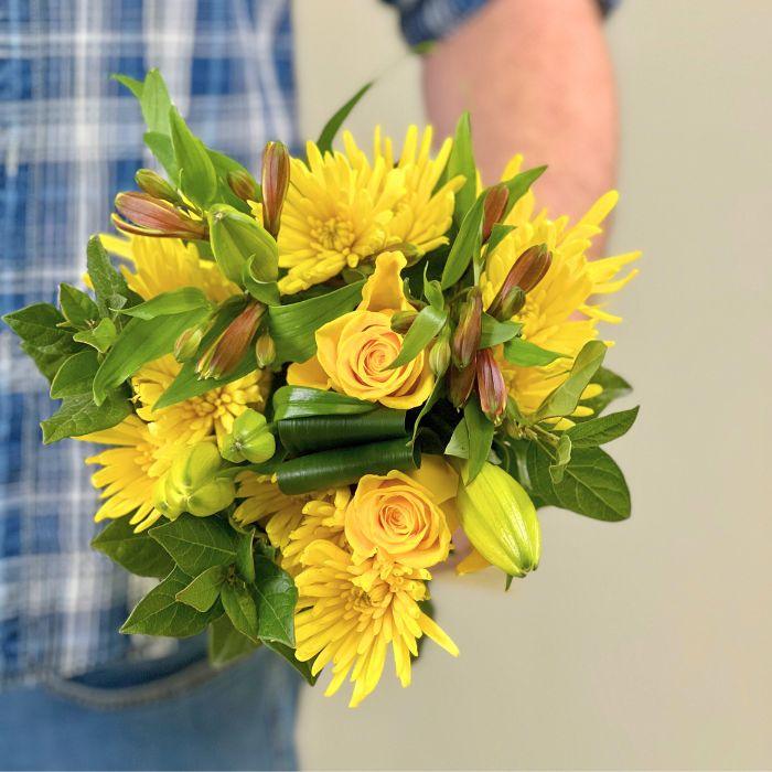 City Bowl Bloom Bouquet by Fabulous Flowers & Gifts – vibrant yellow roses, chrysanthemums and buds with fresh green foliage
